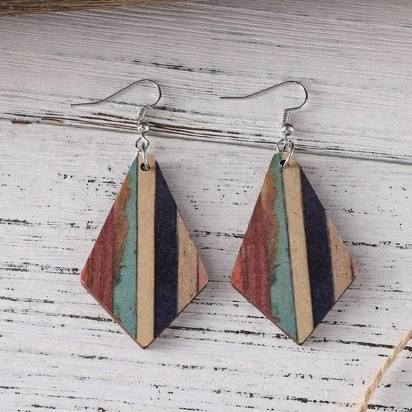 3pcs/set Vintage Bohemian Style Turquoise Stripe & Geometric Wood Double-sided - Picture 4 of 5